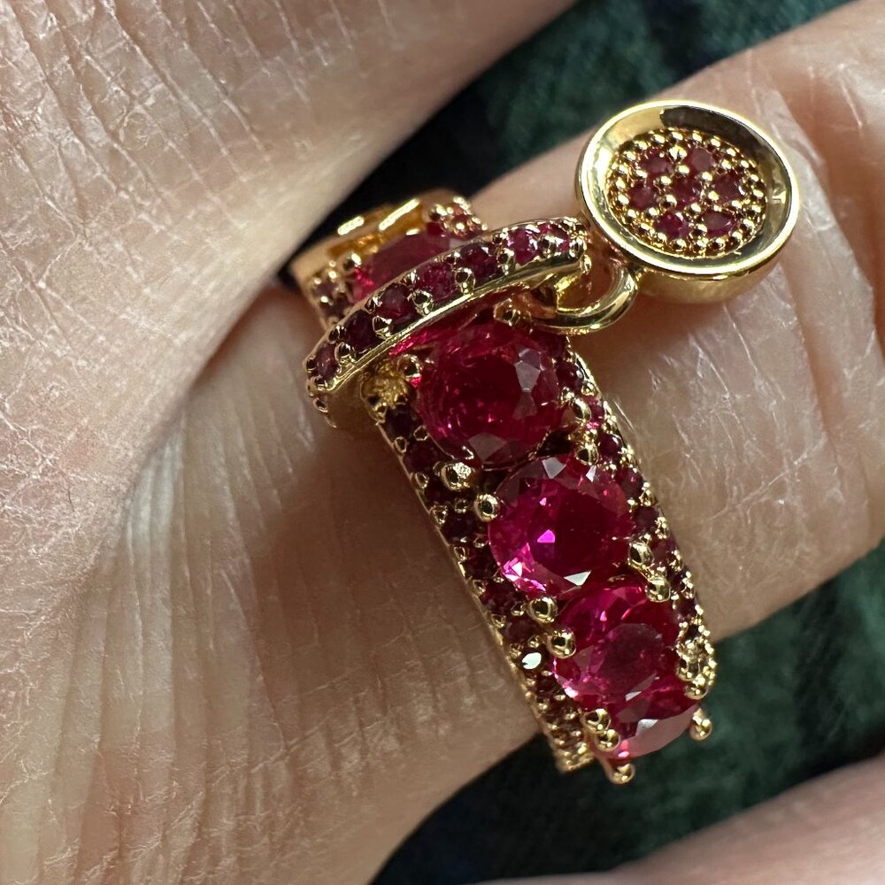 red cz gold tone charm dangly ring sz 7